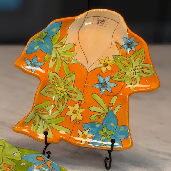 Noble Excellence "SUNSET GROVE" Beach ORANGE and GREEN BEACH SHIRT PLATE. - Picture 2 of 5